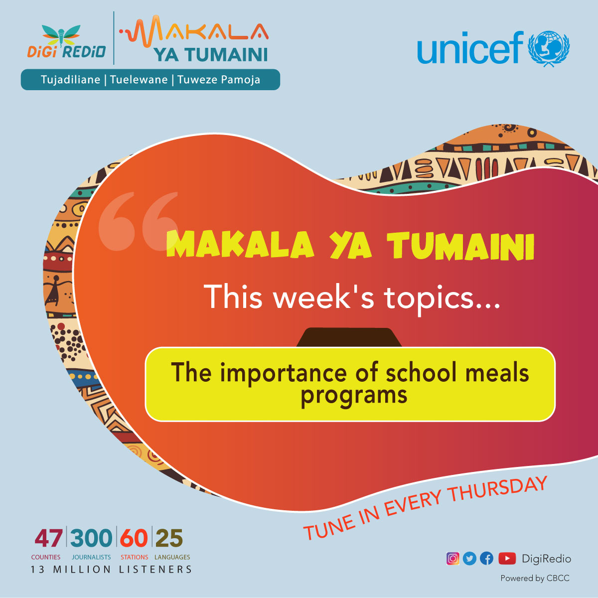 Wiki hii kwenye makala ya Tumaini Hewani na <a href="/Kulah_Nzomo/">Kulah Nzomo</a> tuzungumzie umuhimu wa wanafunzi kupikiwa shuleni.
<a href="/UNICEFKenya/">UNICEF Kenya</a>
<a href="/CBCC_Africa/">Centre for Behaviour Change and Communication</a> 
<a href="/DigiRedio/">DigiRedio Social & Behaviour Change Platform</a> 
<a href="/KenyaRedCross/">Kenya Red Cross</a>
