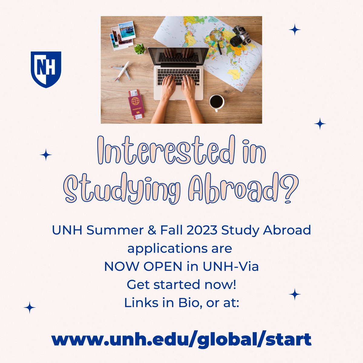UNHAbroad's tweet photo. A snowy day is the perfect time to start planning for summer or fall adventures. Applications are now open in UNH-Via! https://t.co/GglNQRwVl8