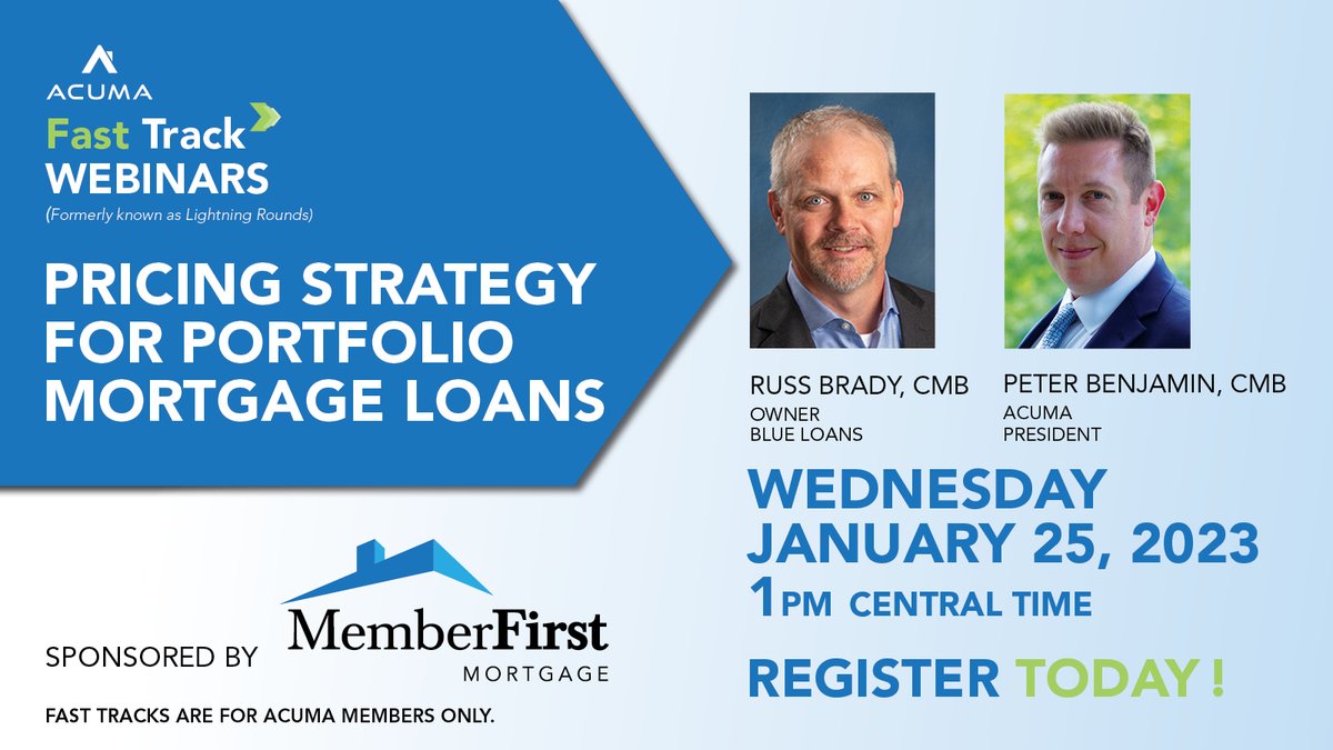 To portfolio or not, that is the question as the saying goes. Join us on Wednesday, January 25th at 1 CST, sponsored by Member First Mortgage, as ACUMA President, Peter Benjamin is joined by Russ Brady, and they will be discussing exactly this. Register! bit.ly/3IBqogG