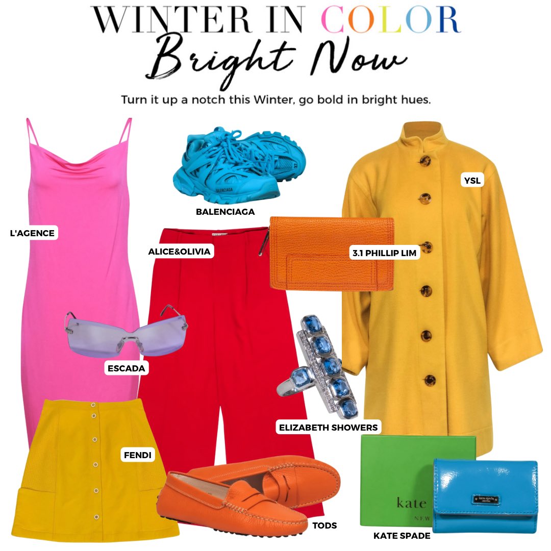 currentboutique's tweet image. Winter in Color💙Bright Now 💚Wearing bright colors can be an instant mood booster. Shop @currentboutique to find fun pre-loved gems to create a bright, bold, totally unique look that will cheer up your wardrobe #prelovedclothing #secondhandfashion #designerconsignment