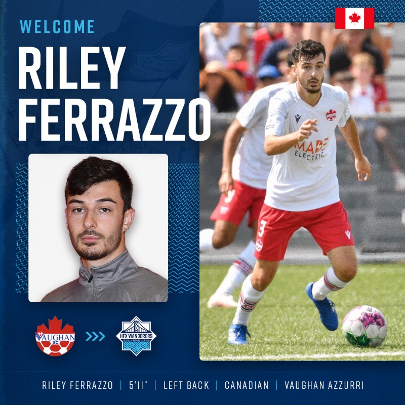 HFXWanderersFC's tweet photo. 🌊 SIGNING: Welcome our newest Wanderer Riley Ferrazzo! ✍ 

We have signed the former @VaughanSoccercl defender through the 2023 CPL season with club options for 2024 and 2025. 🤝

Details 🔽🔽🔽

#TogetherFromAways #COYW