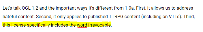 KibblesTasty's tweet photo. I've confirmed this with my lawyer. @Wizards_DnD say it has the WORD "irrevocable" and immediately redefine it. It is an underhanded trick generally found in the nine hells.

They will do anything to get rid of OGL 1.0a. This is not a compromise. This not good faith.

#OpenDnD https://t.co/5XhBiaY2E9