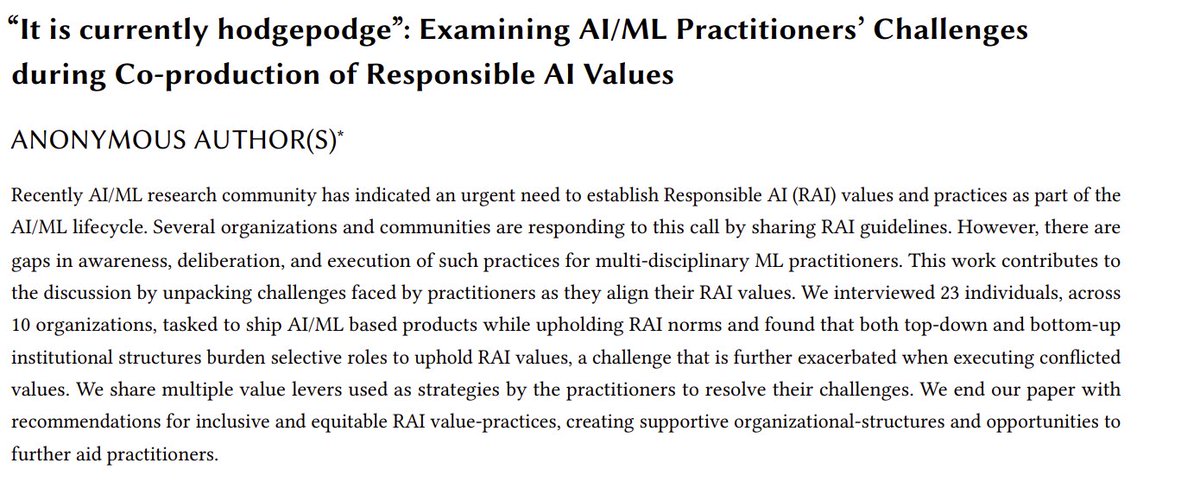 Of interest to folks in #RAI #AIHCI #AIUX. 
Sharing a new #CHI2023 publication that examines co-production challenges experienced by AI/ML practitioners in their effort to engage with different RAI values in their work, in collab w/ @niteshg . The Pre-print will be out soon!