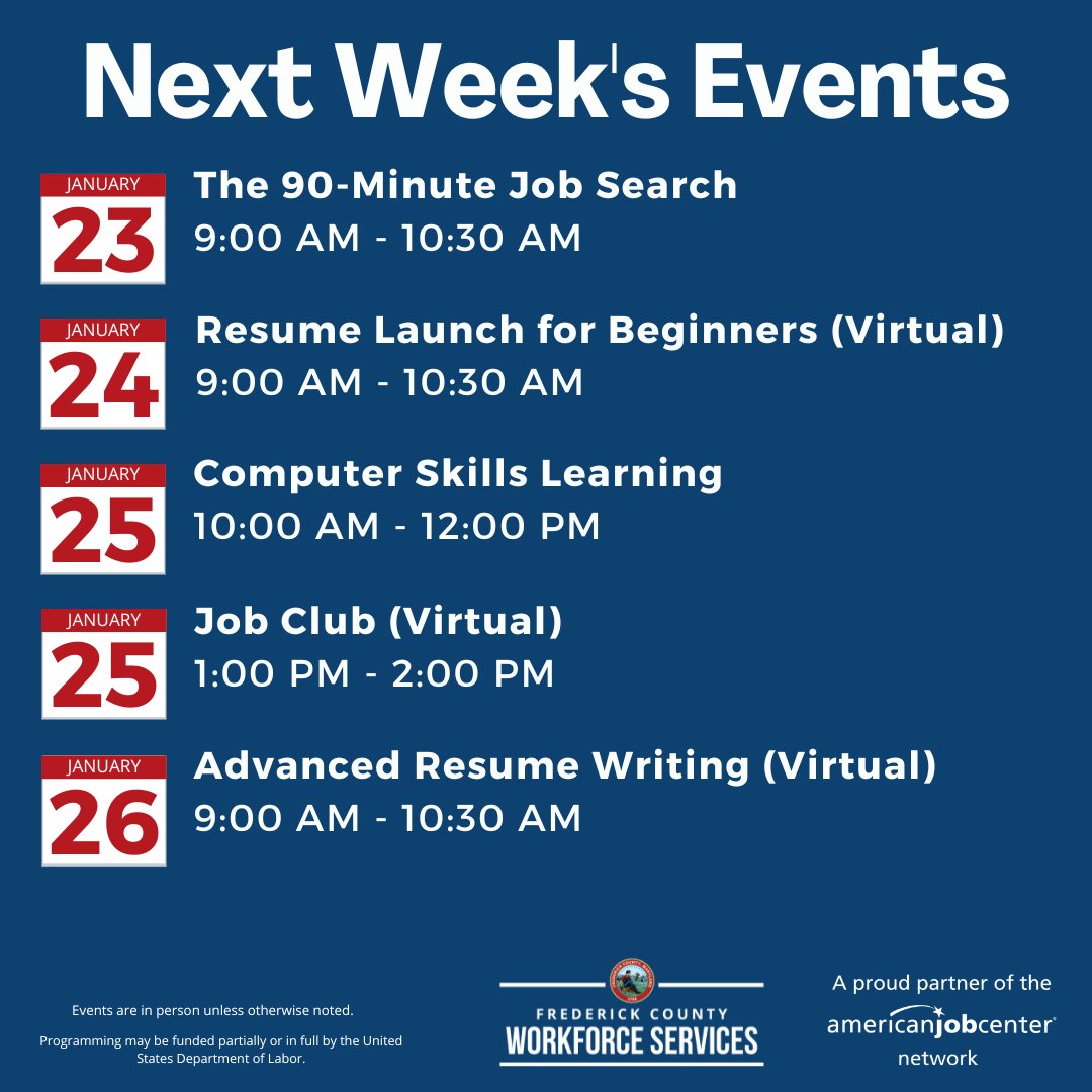 frederickworks's tweet photo. 📅 #FCWS offers several in-person and virtual events next week to assist you in your #JobSearch. 👉 View the full calendar at https://t.co/s5FwAyXshb
#careerreadiness #digitalliteracy #skills #careerpathways https://t.co/MaqBfFj2In