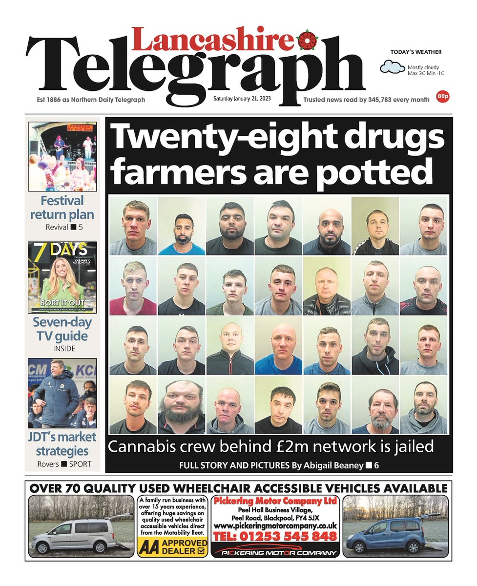 Richard Duggan (@rjkduggan) on Twitter photo Front page of Saturday's <a href="/LancsTelegraph/">Lancashire Telegraph</a>📰
"Twenty-eight drugs farmers are potted"
#Lancashire #EastLancashire #LancashireNews #Newsquest #LocalNews #BuyAPaper #LocalNewsMatters #Rovers #CourtNews #CrimeNews #Blackburn #BurnleyFC #TomorrowsPapersToday Front page of Saturday's <a href="/LancsTelegraph/">Lancashire Telegraph</a>📰
"Twenty-eight drugs farmers are potted"
#Lancashire #EastLancashire #LancashireNews #Newsquest #LocalNews #BuyAPaper #LocalNewsMatters #Rovers #CourtNews #CrimeNews #Blackburn #BurnleyFC #TomorrowsPapersToday