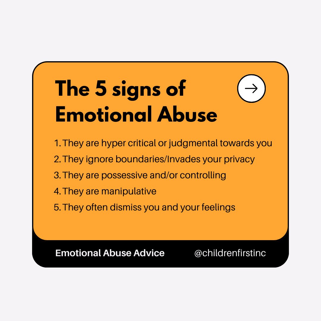 ChildrenFirstCC's tweet image. We're back at it again with some advice about Emotional Abuse this time, hopefully this helps you or maybe you learned something new 

You can find us on our website childrenfirstinc.org where you can see what we do and schedule an appointment with us