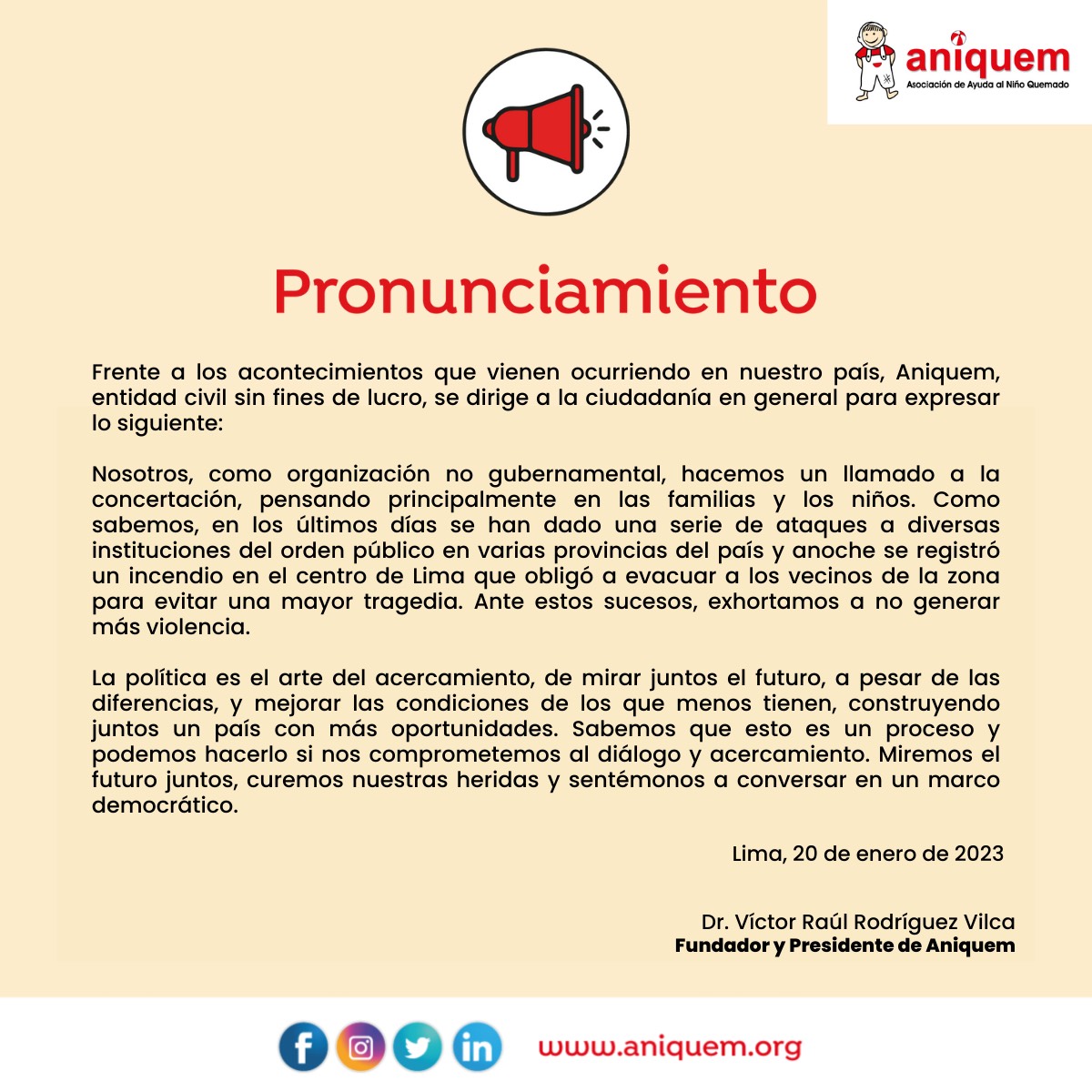 Pronunciamiento de #Aniquem ante los lamentables hechos ocurridos en nuestro país.