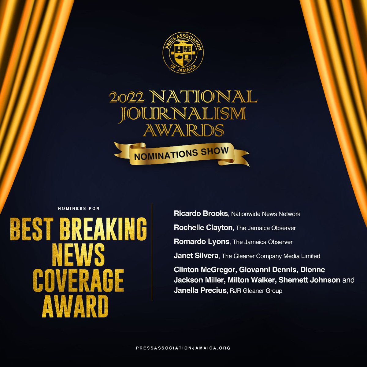 PressAssnJa's tweet photo. Nominees for the Flow sponsored Best Breaking News Coverage category in the #NationalJournalismAwards2022 #PAJAwards2022 @FLOWJamaica https://t.co/04snYoA6gr