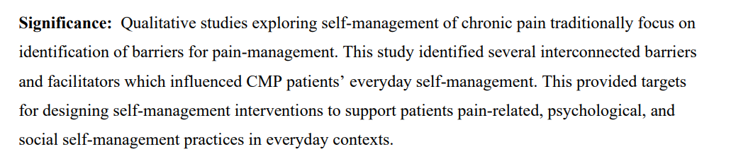 SimonKJohansen's tweet photo. PREPRINT: What is the relationship between the pain-related, psychological and social barriers and facilitators for self-management experienced by patients living with chronic musculoskeltal pain? Read the preprint of our latest qualitative study here: https://t.co/A6VJso20gU https://t.co/NH8Ql9RbZp