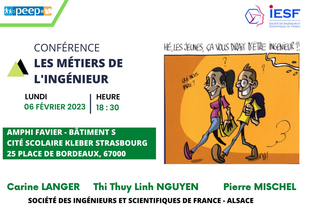 Nous vous invitons à la conférence "Les Métiers de l'Ingénieur" donnée par l'équipe #PMIS <a href="/IESFfrance/">IESF</a>, Carine Langer, Pierre Mischel et Thi Thuy Linh Nguyen. En partenariat avec la <a href="/FederationPEEP/">Fédération PEEP</a> 
📅 le 6 Février à 18h30
📍 <a href="/LyceeKleber/">Lycée Kléber</a> 
#conférence #ingénieurs #strasbourg #peep