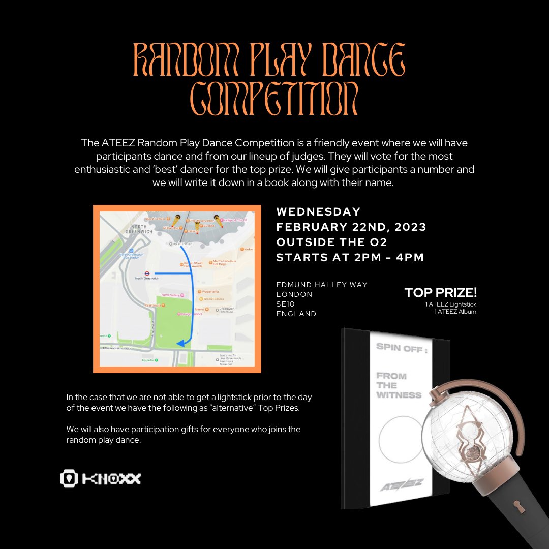 theknoxxmedia's tweet image. 🚪Knock, Knock! KNOXX presents our next Random Play Dance Competition! 🥳

Event Information:
🗓 Wednesday 22nd February 2023
📍Outside The O2 

More information is mentioned below

#ateez #randomplaydance #competition #dance #kpop #boygroups #atiny #hallyu #ateezinlondon
