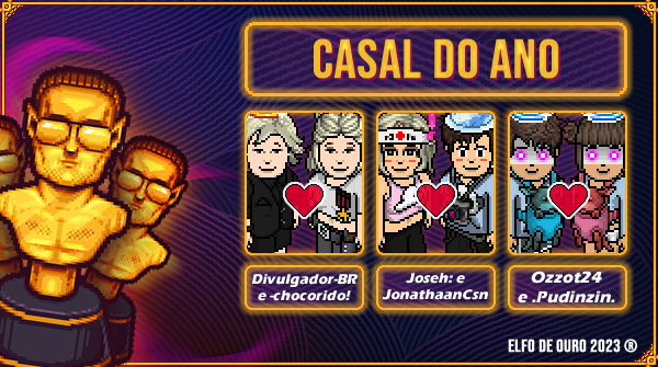 HabboNight's tweet photo. 🏆 #ElfodeOuro2023 - INDICADOS:

💫 CASAL DO ANO

⬩ Divulgador-BR e -chocorido!
⬩ Joseh: e JonathaanCsn
⬩ Ozzot24 e .Pudinzin.

Parabéns aos finalistas! 💫 https://t.co/zSsGBhAkR2