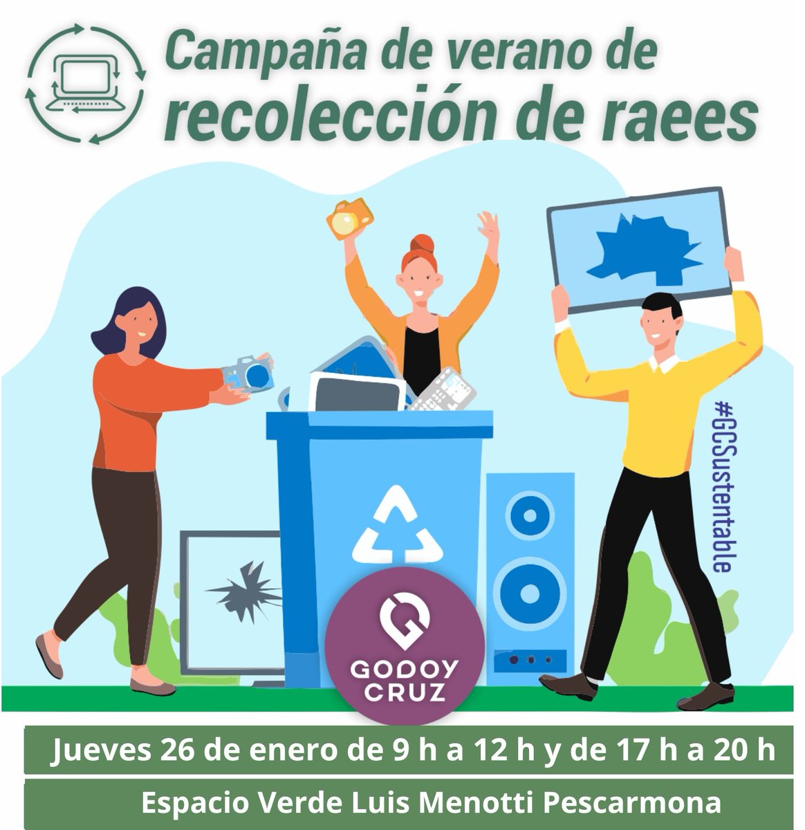 MuniGodoyCruz's tweet photo. ♻️En el Día de la Educación Ambiental, 26 de enero, te esperamos de 9h a 12h y de 17h a 20h en el Espacio Verde Luis Menotti Pescarmona.
📺💾🖨Podés traer tus residuos eléctricos y electrónicos en desuso, para darles una correcta disposición.
#GCSustentable
#AmbienteGC https://t.co/j0eEJIPeKg