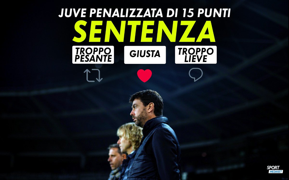 sportmediaset's tweet photo. 👉Lo chiediamo a voi: sentenza troppo pesante, giusta o troppo lieve?
🤷🏻‍♂️Diteci la vostra
#SportMediaset #Plusvalenze #Juventus https://t.co/fdspfyLy50