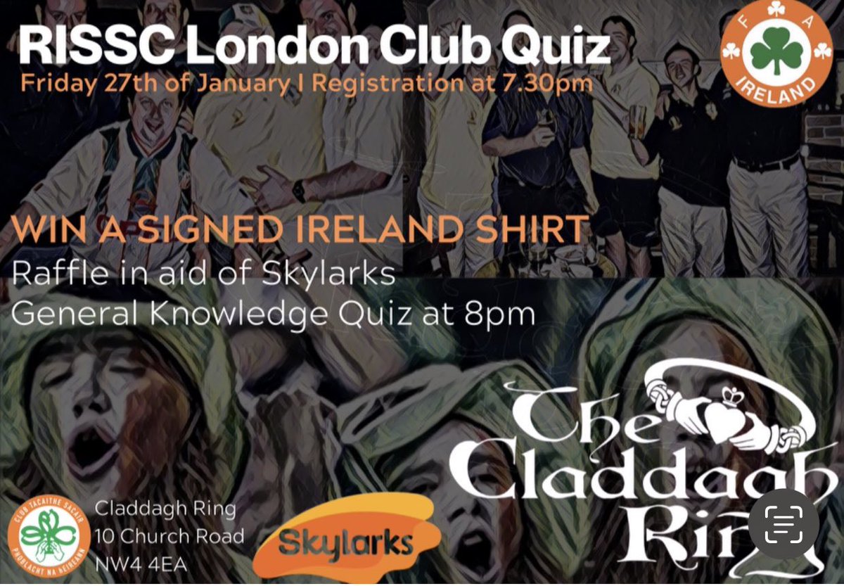 @CladdaghRingPub next Friday @FAIreland @YouBoysInGreen @CRISClubs @IrishinLondon @IrishPostSport @IrelandEmbGB @EmeraldExiles in aid of @SkylarksCharity