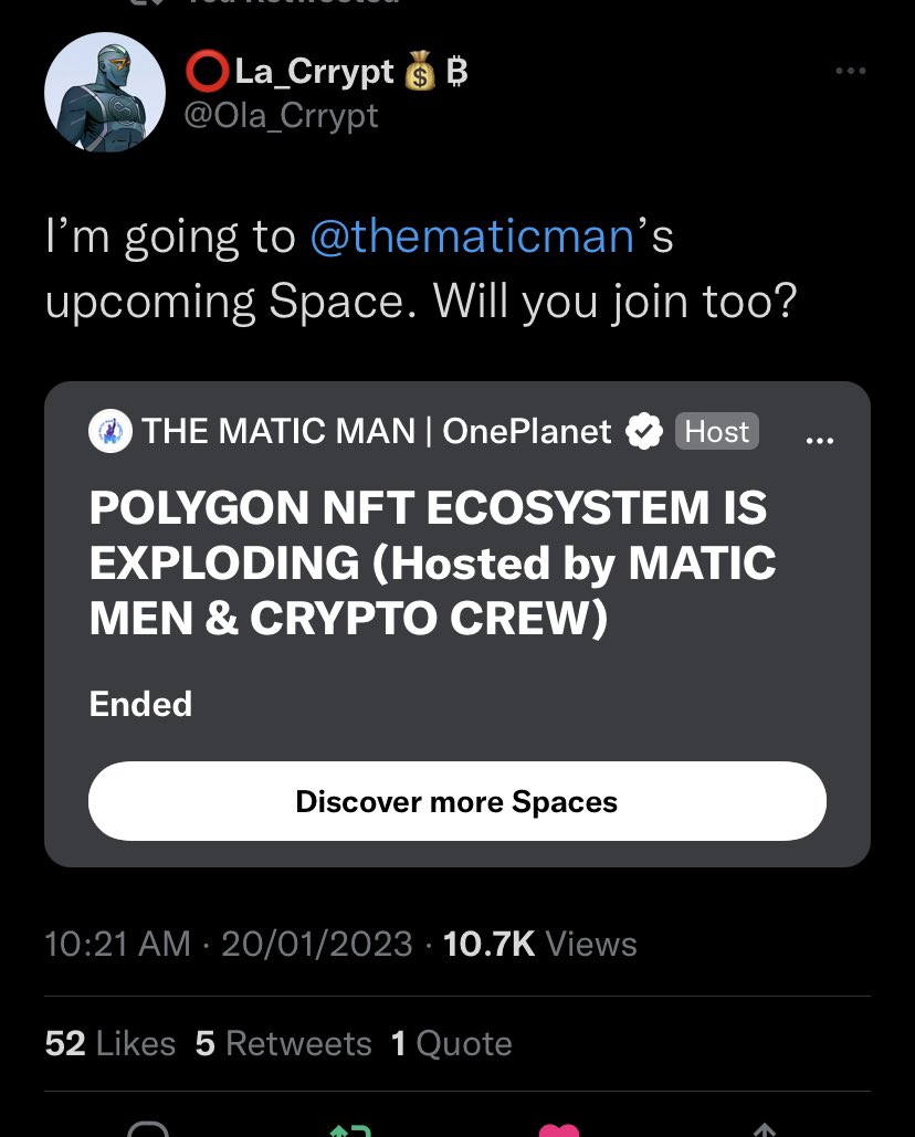 Ola_Crrypt's tweet image. Yo hommies, what a great space hosted by @thematicman ❤️‍🔥❤️‍🔥 super bullish on @cryptocrewnfts 💯🫡✅
Great speakers with us @polygonpunkscom @prince_ebube_ @Web3Punky @Ebenezer7898 @m
Let’s gooooo❗️
#PolygonNFT #PolygonEcosystem #PolygonCommunity ❤️‍🔥