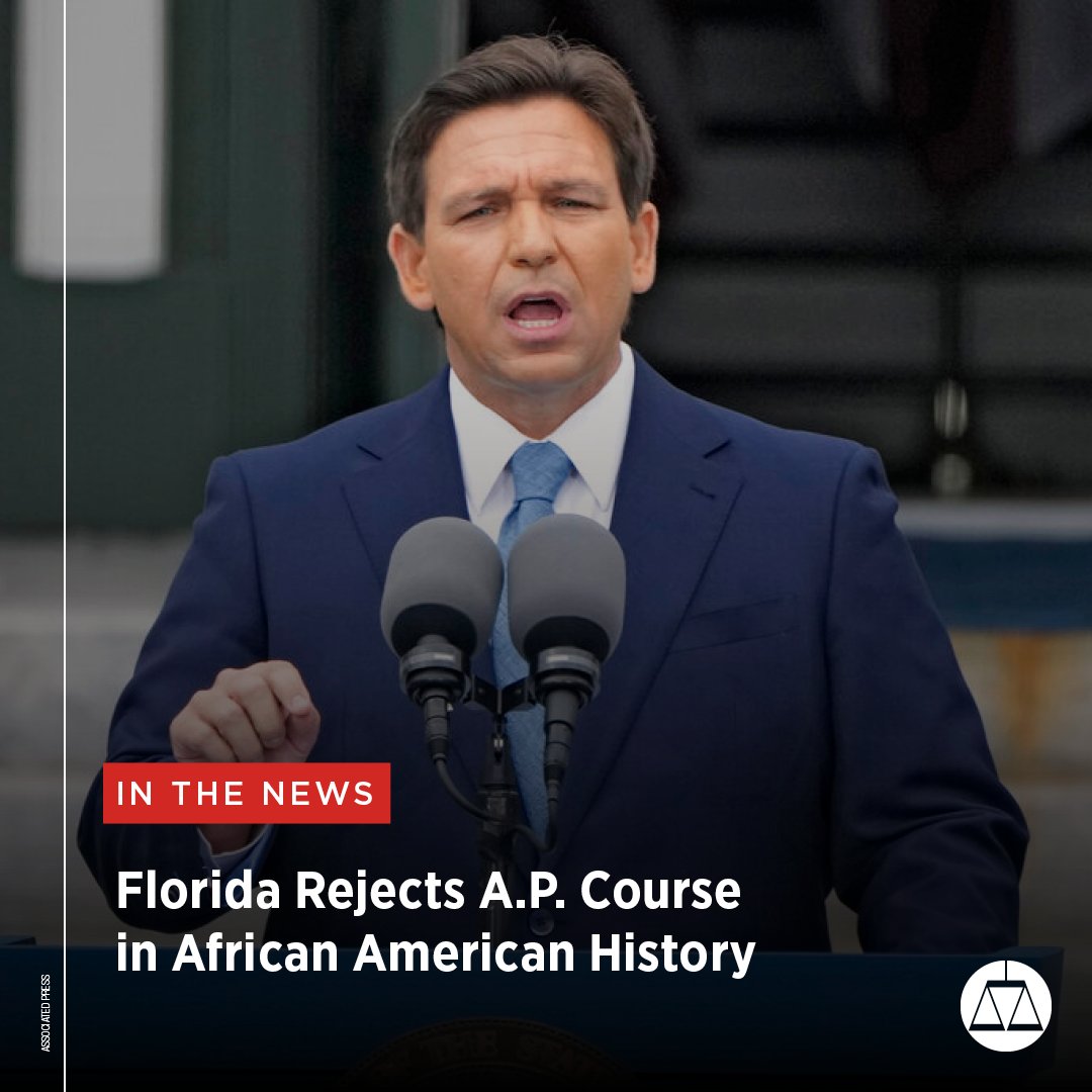 splcenter's tweet photo. African American history is U.S. history.
@EducationFL's rejection of the new Advanced Placement course on African American studies for high schools continues the sanitization and whitewashing of our shared history. #TruthInSchools
Read: https://t.co/90iY6t1IwF https://t.co/gXoxhbYkse