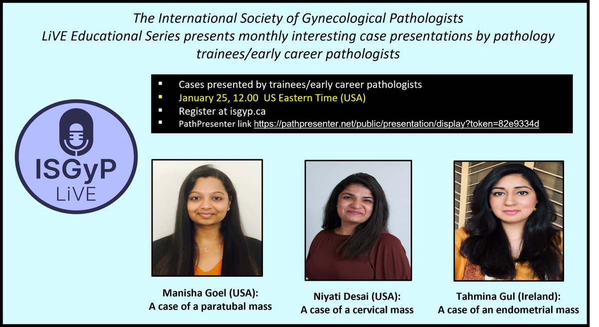 International Society of Gynecologic Pathologists (@isgynp) on Twitter photo Mark your calendar for January 25th at 12pm EST, as you don’t want to miss three captivating cases in the first @ISGyP LiVE Interesting Case Presentations of 2023! Register now at isgyp.ca <a href="/m9goel/">Manisha Goel</a> <a href="/CiaranORiain/">Ciarán Ó Riain</a> <a href="/UChicagoPath/">University of Chicago Pathology</a> <a href="/ColumbiaPath/">Columbia Pathology</a> @IJGP @gynpath Mark your calendar for January 25th at 12pm EST, as you don’t want to miss three captivating cases in the first @ISGyP LiVE Interesting Case Presentations of 2023! Register now at isgyp.ca <a href="/m9goel/">Manisha Goel</a> <a href="/CiaranORiain/">Ciarán Ó Riain</a> <a href="/UChicagoPath/">University of Chicago Pathology</a> <a href="/ColumbiaPath/">Columbia Pathology</a> @IJGP @gynpath
