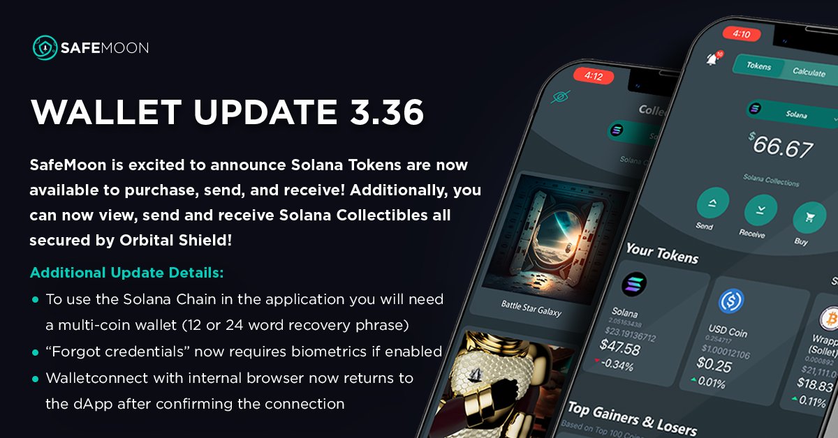 safemoon's tweet image. Update v3.36 🚨 

Let's welcome #Solana Tokens and #NFTs to the #SAFEMOONWALLET! 🎉 👏 

#SAFEMOON #SOL #SolanaNFTs #cryptocurrency