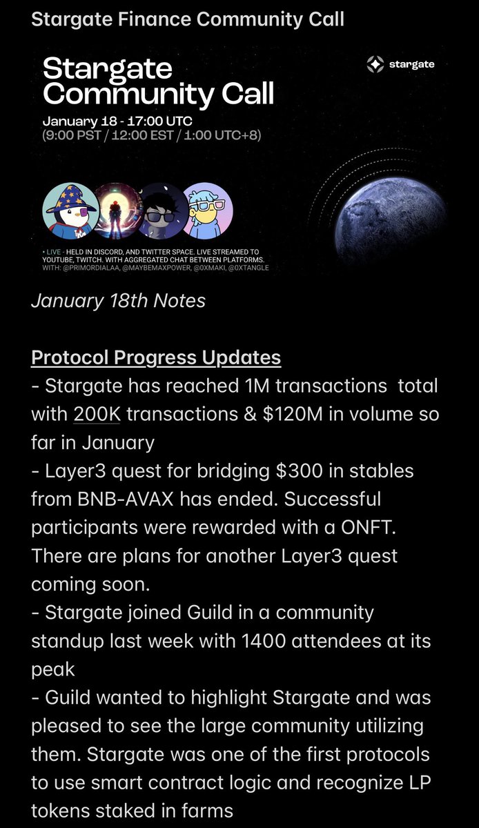 StargateIntern's tweet photo. Intern notes on the latest @StargateFinance Community Call including:

- @MetisDAO is Live 🌿
- @rage_trade Integration 😈
- @EverywhereFi Airdrop💧
- Proposals &amp; Discussions 📜
- What’s Next ⏭️ https://t.co/iDnKtA4V03