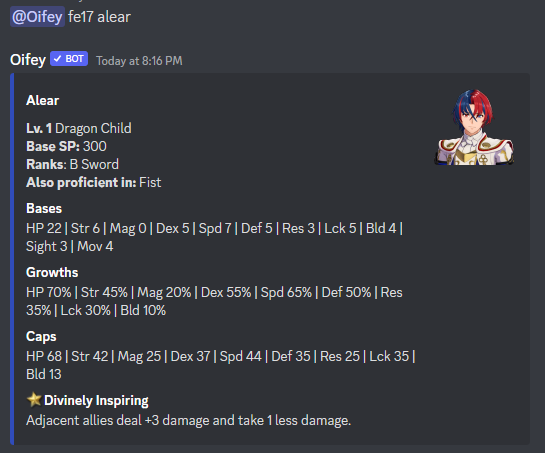 OifeyB's tweet photo. Engage commands are now up! You can use @/Oifey fe17 or @/Oifey engage to use them! (And slash commands if you prefer)
Includes: Characters, Classes, Items, Rings and Skills
Spoilers are not hidden! https://t.co/dQ3ULTmKRW