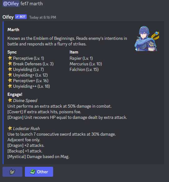 OifeyB's tweet photo. Engage commands are now up! You can use @/Oifey fe17 or @/Oifey engage to use them! (And slash commands if you prefer)
Includes: Characters, Classes, Items, Rings and Skills
Spoilers are not hidden! https://t.co/dQ3ULTmKRW