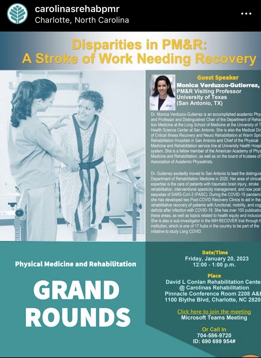 MVGutierrezMD's tweet photo. Gave a Visiting Professorship at the new David L. Conlan Rehabilitation Center @carolinasrehab1 
I discussed Health Disparities in PM&amp;R, phenol neurolysis, &amp; #LongCOVID. It was also amazing to see my prior trainees turned amazing Brain Injury attendings @SimaADesaiMD &amp; @ndarji102 https://t.co/hlWwM6NVyZ