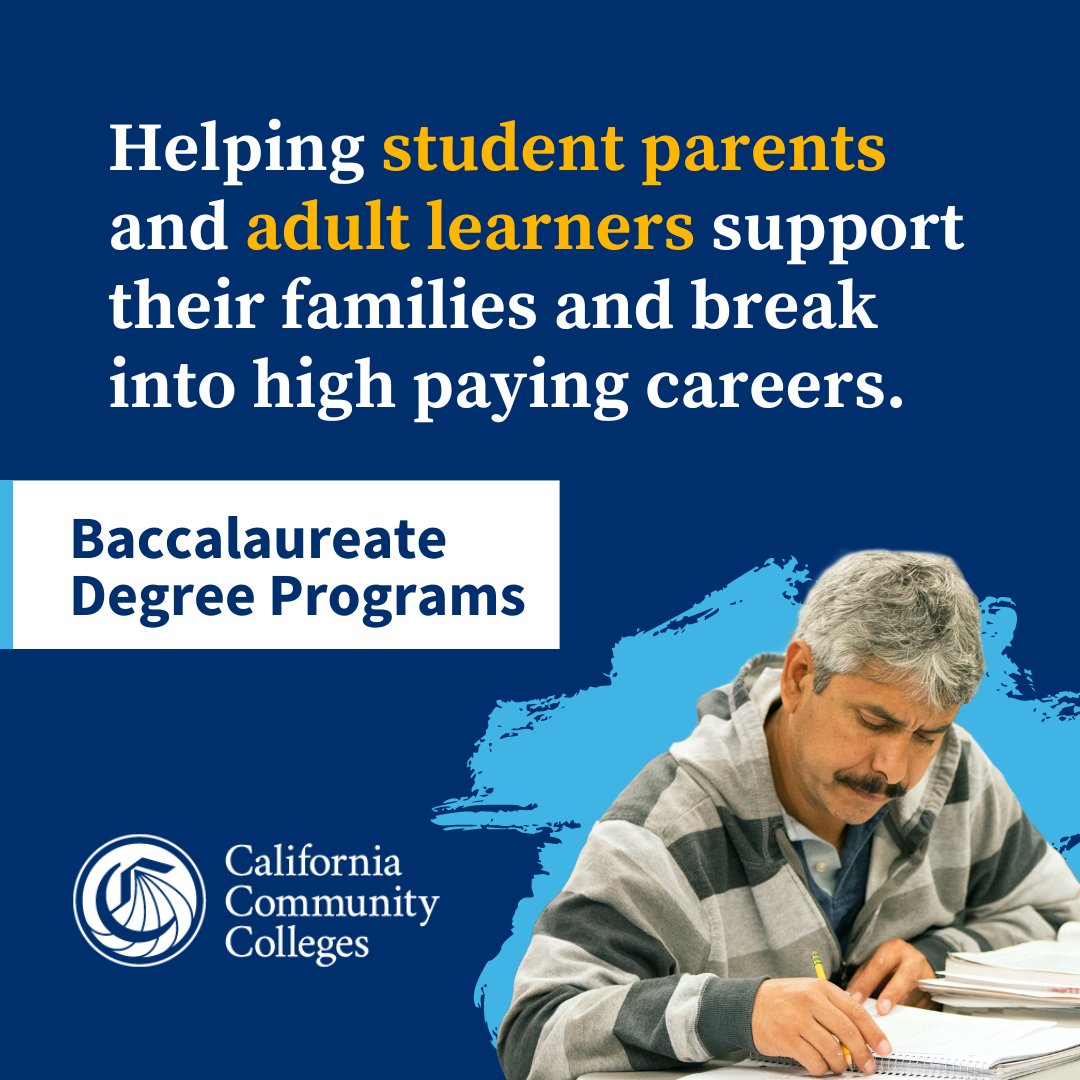 CalCommColleges's tweet photo. .@CalCommColleges serves the state’s most diverse students, including adult learners & student parents! Community colleges & the Baccalaureate Degree Program makes economic mobility accessible for all CA.
#BAs4CA 👨🎓
#CCCRoadmap
#SupportStudents
#VisionForSuccess
#VisionInAction https://t.co/CPWLrnRHD6
