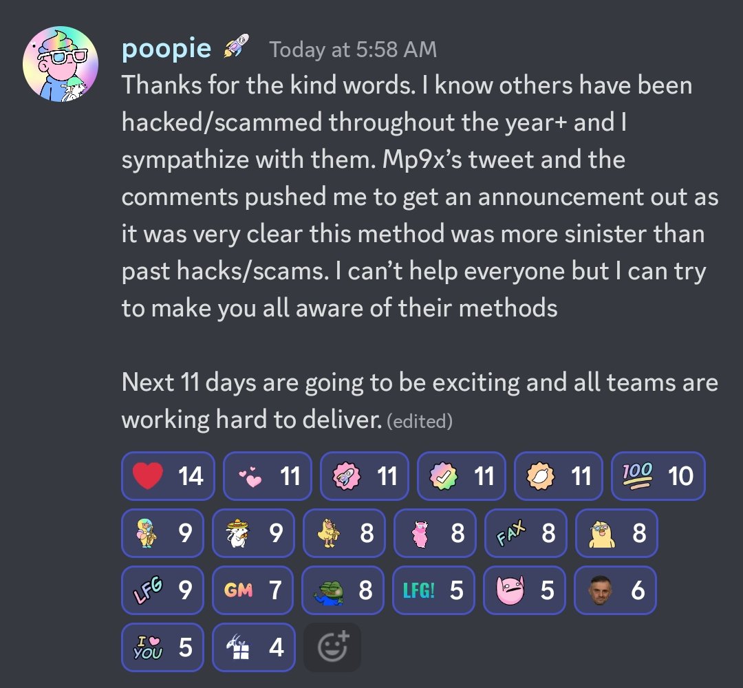 1. Poopie is the real dude here <a href="/poopie/">poopie</a>. Despite the cagey scammer, he could have just stone-cold ignored to compensate the victim, but he voluntarily bought it back for $12K, (that's a <a href="/ROLEX/">ROLEX</a> Oyster Perpetual value) and gave back to <a href="/_mp9x/">MP9X</a> 🤌

2. 11 days to go 🚀

3. Doodles ._.