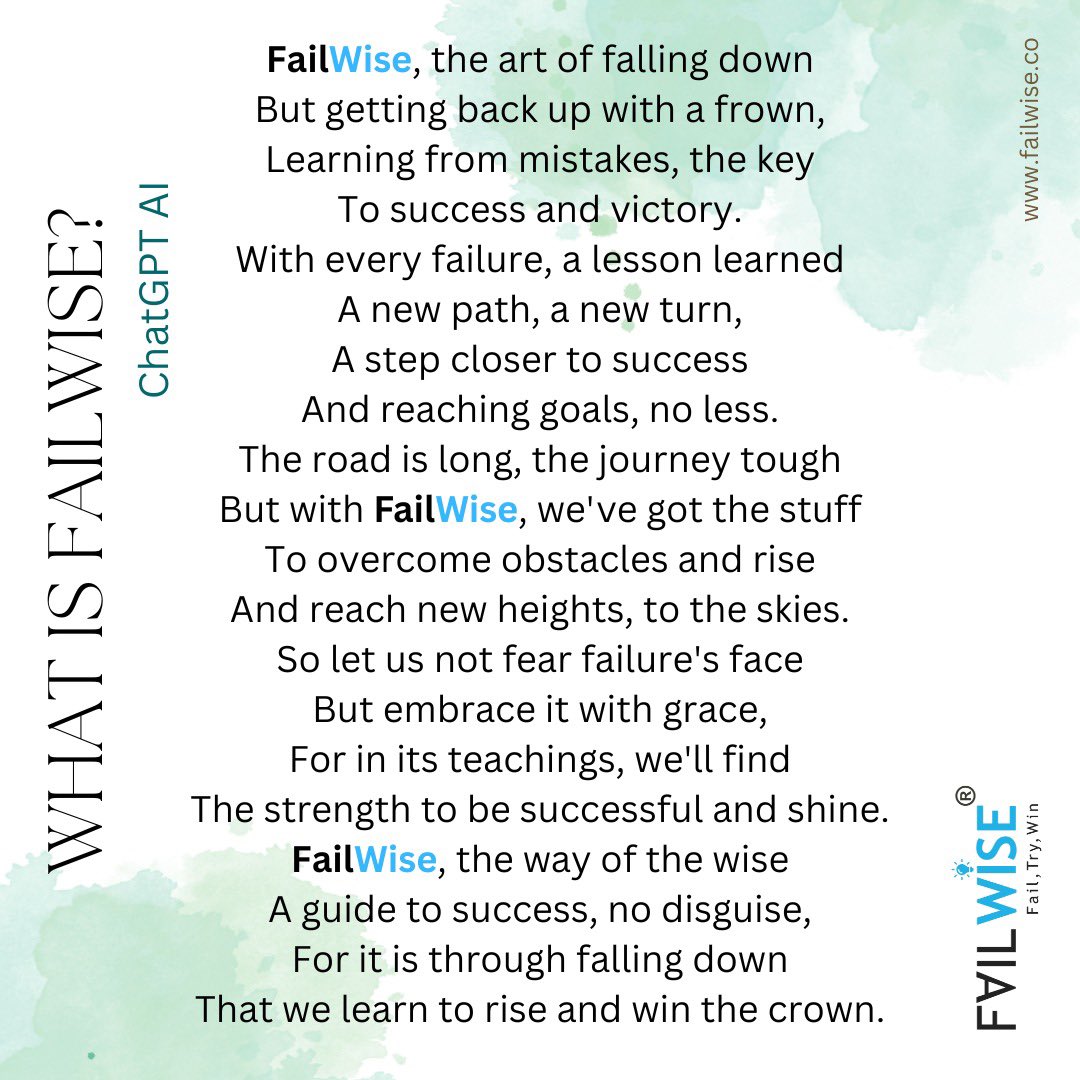 thefailwise's tweet photo. We asked AI to write a poem on FailWise. And this is what it is…
@OpenAlChat #ChatGPT #chatgptai #failwise @failwise #artificialintelligence #fail #failures #successquotes #motivation #motivationalquotes #poem #motivationalpoems #lifelessons #failurequotes https://t.co/yJLAGbQTng