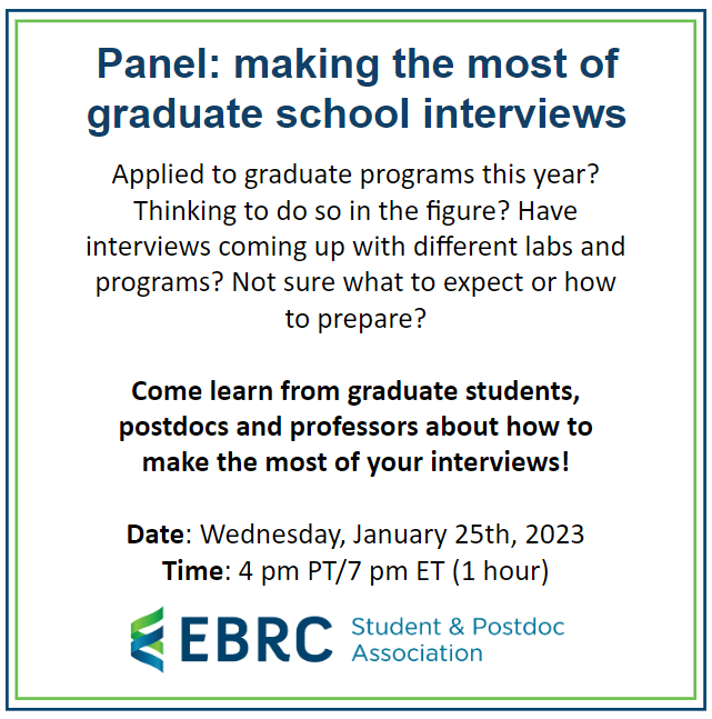 jonesr18's tweet photo. 🧬 Are you currently applying to graduate school or thinking about it?

📺 Attend our panel to help prepare for the interview process!

🔗 Register here: https://t.co/YJ13uFi2zw 

@EngBioRC https://t.co/9wWOiVxdYh