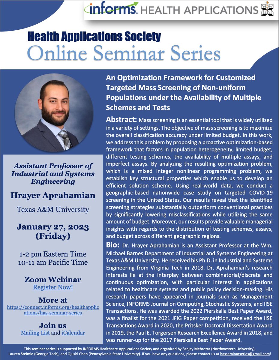 HASstudents@INFORMS (@hasstudent) on Twitter photo We are excited to start a new year of our HAS Online Seminar Series! Join us a week from Friday (1/27) at 1pm ET / 10am PT for the first talk of the year by Dr. Hrayer Aprahamian <a href="/TAMUEngineering/">TAMU Engineering</a>
Register here: bit.ly/3GSgKUj We are excited to start a new year of our HAS Online Seminar Series! Join us a week from Friday (1/27) at 1pm ET / 10am PT for the first talk of the year by Dr. Hrayer Aprahamian <a href="/TAMUEngineering/">TAMU Engineering</a>
Register here: bit.ly/3GSgKUj