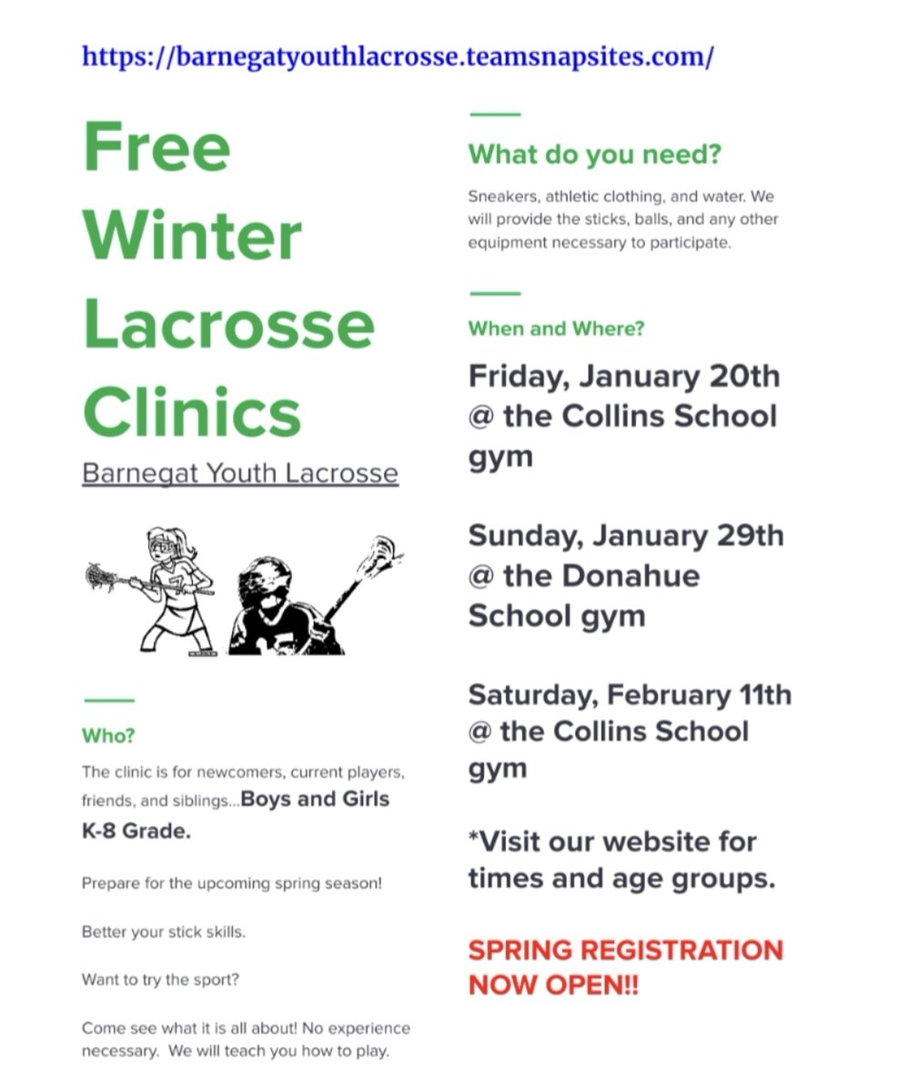 barnegatythlax's tweet photo. Come out tonight to our Free Clinic! K-4th grade boys/girls 6:30-7:30 and 5th grade-8th grade boys/girls 7:30-8:30 at the Collins School Gym. Want to try the sport? Come see what we are about. Love the game? Come sharpen up your skills. 
@bengalpride67 @JToddings @BarnegatGLax https://t.co/TqaPe8iP8J