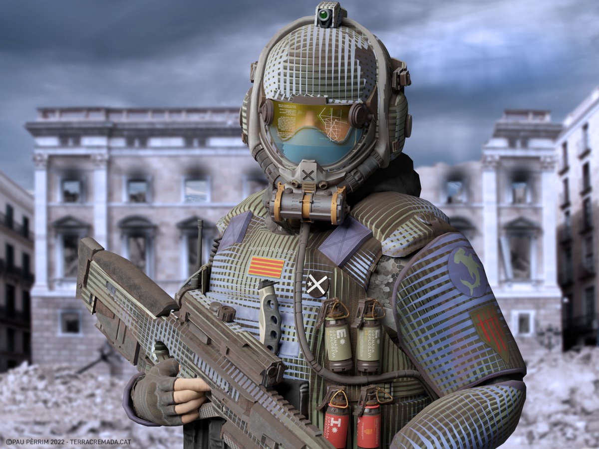 Un infant de marina de l’Exèrcit de Catalunya patrulla davant les runes del que va ser el Palau de la Generalitat. El casc disposa d’oxigen incorporat i pantalla de dades sincronitzada amb la mira del fusell, un Heckler and Koch Schwertfisch, l’arma habitual d’aquest cos d’elit.