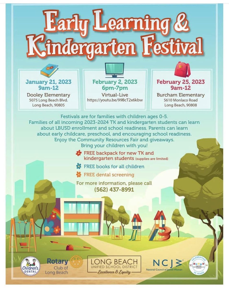 BestStartCLB's tweet photo. Is your child starting kindergarten next year? 🤔
Attend the first of @LongbeachUSD's Kindergarten Festivals beginning tomorrow at Dooley Elementary! Stop by our table for info on Best Start, learn about upcoming events and meet our team! #BestStartLB #ParentPowerLB https://t.co/COhPzxkpQL