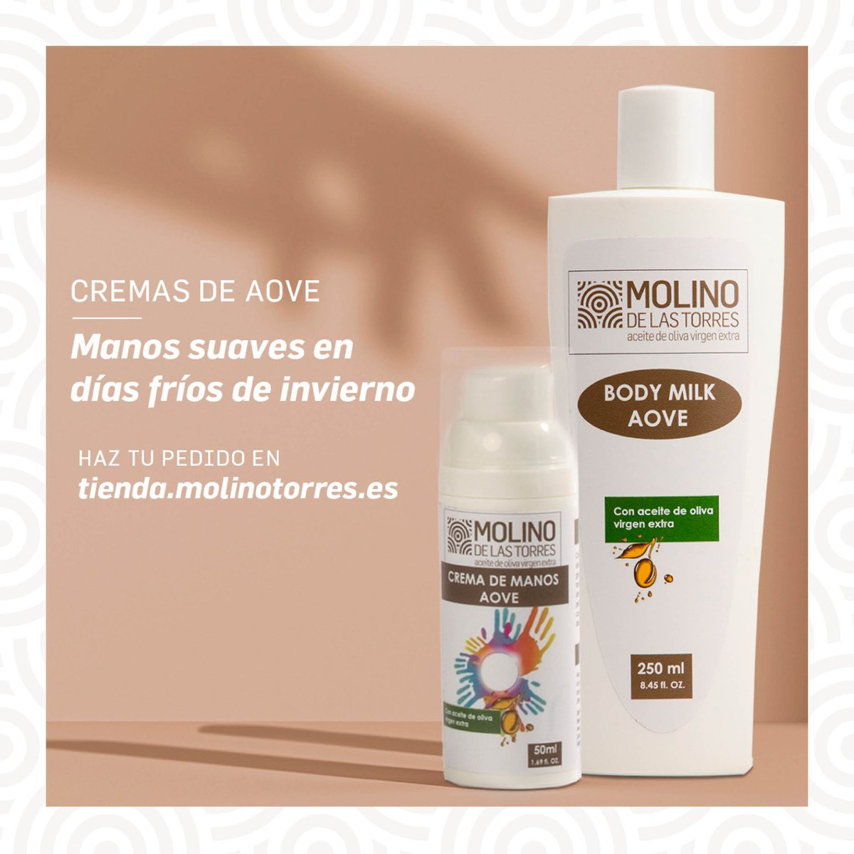 Cuida de tus manos del frío invierno con la línea de cosmética de Molino de las Torres. Su uso habitual hará que luzcas unapiel suave, hidratada y libre de la aparición de manchas, grietas y rigidez.

Haz tu pedido tienda.molinotorres.es