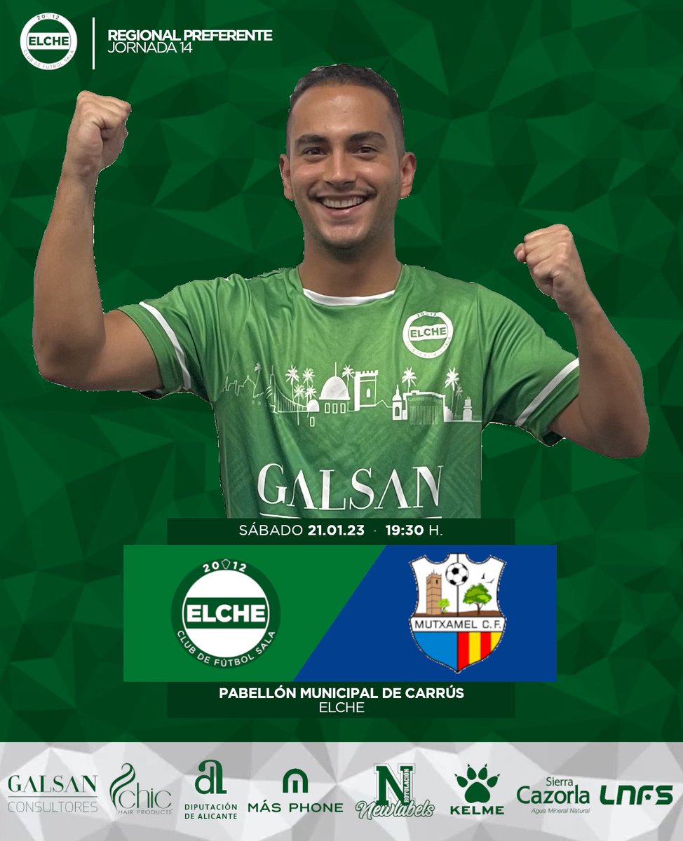elchecfsala's tweet photo. 🔜⚽️ 𝗣𝗥𝗢́𝗫𝗜𝗠𝗢 𝗣𝗔𝗥𝗧𝗜𝗗𝗢

𝗘𝗟𝗖𝗛𝗘 𝗖𝗙𝗦 🆚 #MutxamelCFS

🗓️ Sábado 21.01.23
⏰ 19:30 h.
🏟️ Pabellón Municipal de Carrús, Elche

#ElcheCFS 💚🤍 https://t.co/gjFBjMCdmE