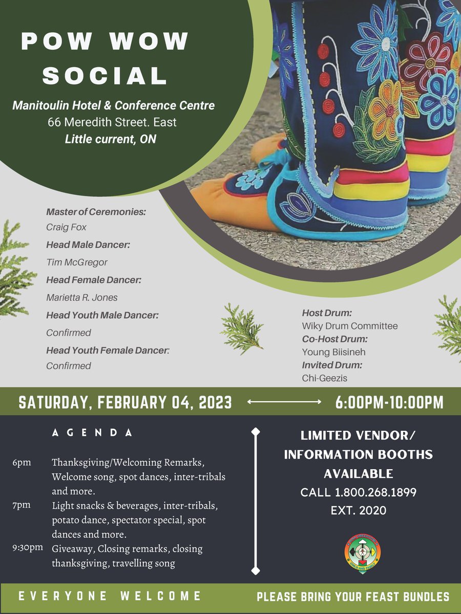 KGCFS's tweet photo. POW WOW
SOCIAL

Manitoulin Hotel &amp; Conference Centre
66 Meredith Street. East
Little current, ON

SATURDAY, FEBRUARY 04, 2023 6:00PM-10:00PM

#KGCFS #PowWow #Manitoulin #ManitoulinIsland #LittleCurrent #Ontario #OurChildrenOurFuture #OurChildrenOurResponsibility https://t.co/9mRL92cEFJ
