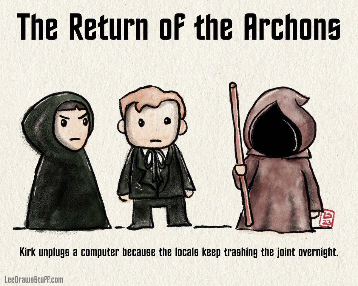 LeeDrawsStuff's tweet photo. Star Trek TOS in one sentence - The Return of the Archons 

Kirk unplugs a computer because the locals keep trashing the joint overnight. 

#startrek #tos #TOSinonesentence https://t.co/eQFXzMUnAl