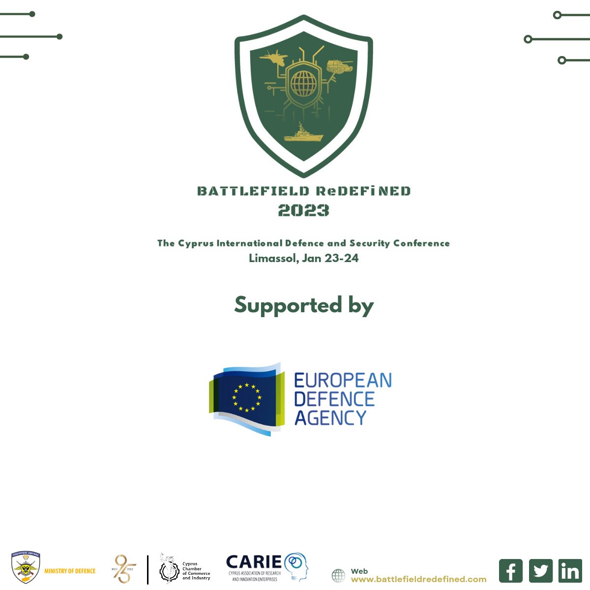 We proudly announce that the #EDA is a supporter of the upcoming #Conference. Emerging #disruptivetechnologies and the possibilities of developing a strong #Defence, #Security & #Space industrial base in Cyprus are among the thematics of our event. More: 
defenceredefined.com.cy/battlefield-re…