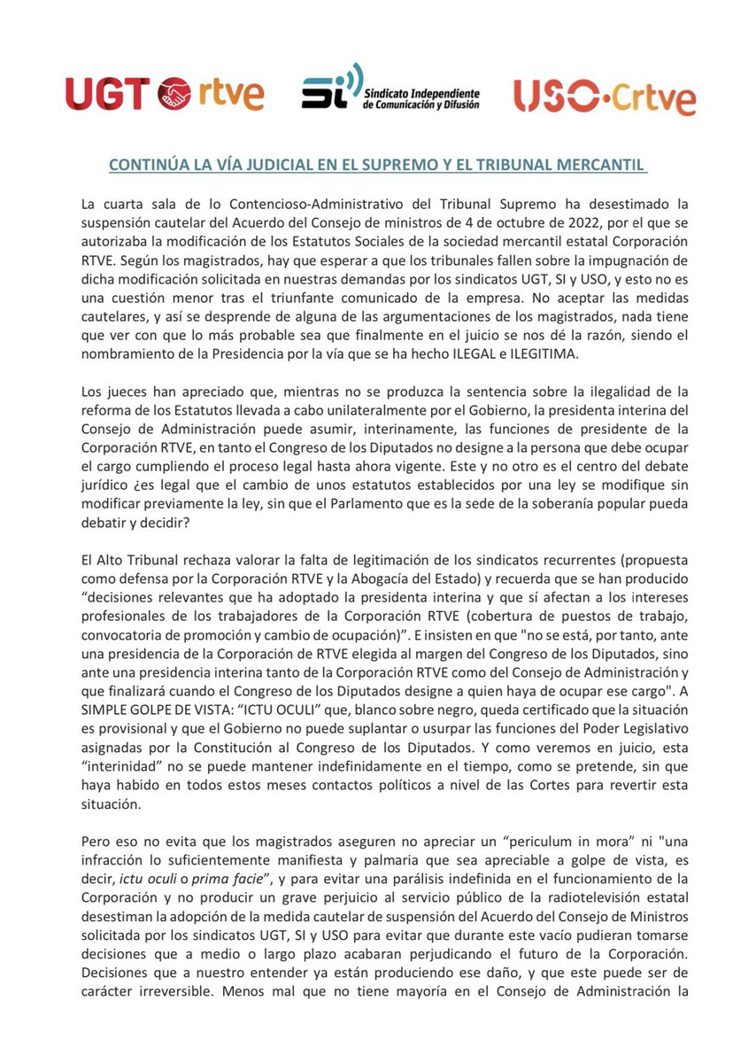 SindicatoSIRTVE's tweet photo. Continúa la vía judicial en el Supremo y en el Tribunal Mercantil. 
Nota conjunta: @SindicatoSIRTVE 
@UGTRTVE y @usortve 
#rtve #tve #rne 
 
Toda la información en nuestra web: 
https://t.co/FGyqJ95e6w https://t.co/lMl8kRfzSy