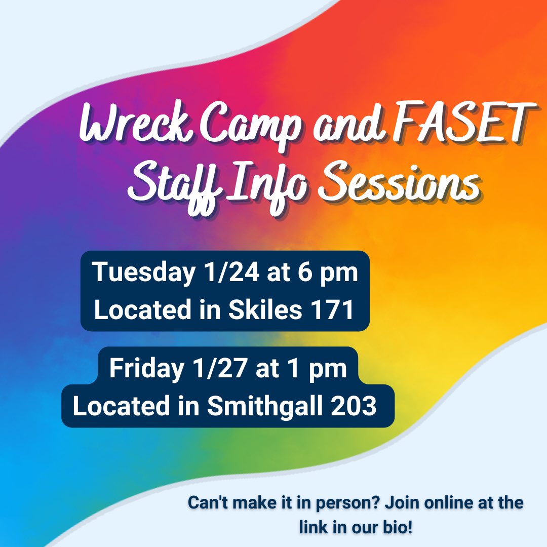 Want to learn more about being on FASET and Wreck Camp Staff? Come to our info sessions next week to hear about just how fun summer can be!