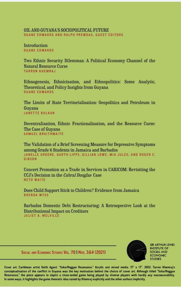 duanecedwards's tweet photo. Vol 70, issue 3&amp;4 of the SES journal is out!
I have guest-edited this volume along with Prof. Ralph Premdas.
https://t.co/fd3tmckSIp
#duaneedwards #tarronkhemraj #samuelbraithwaite #janettebulkan https://t.co/9MIDfwMvor