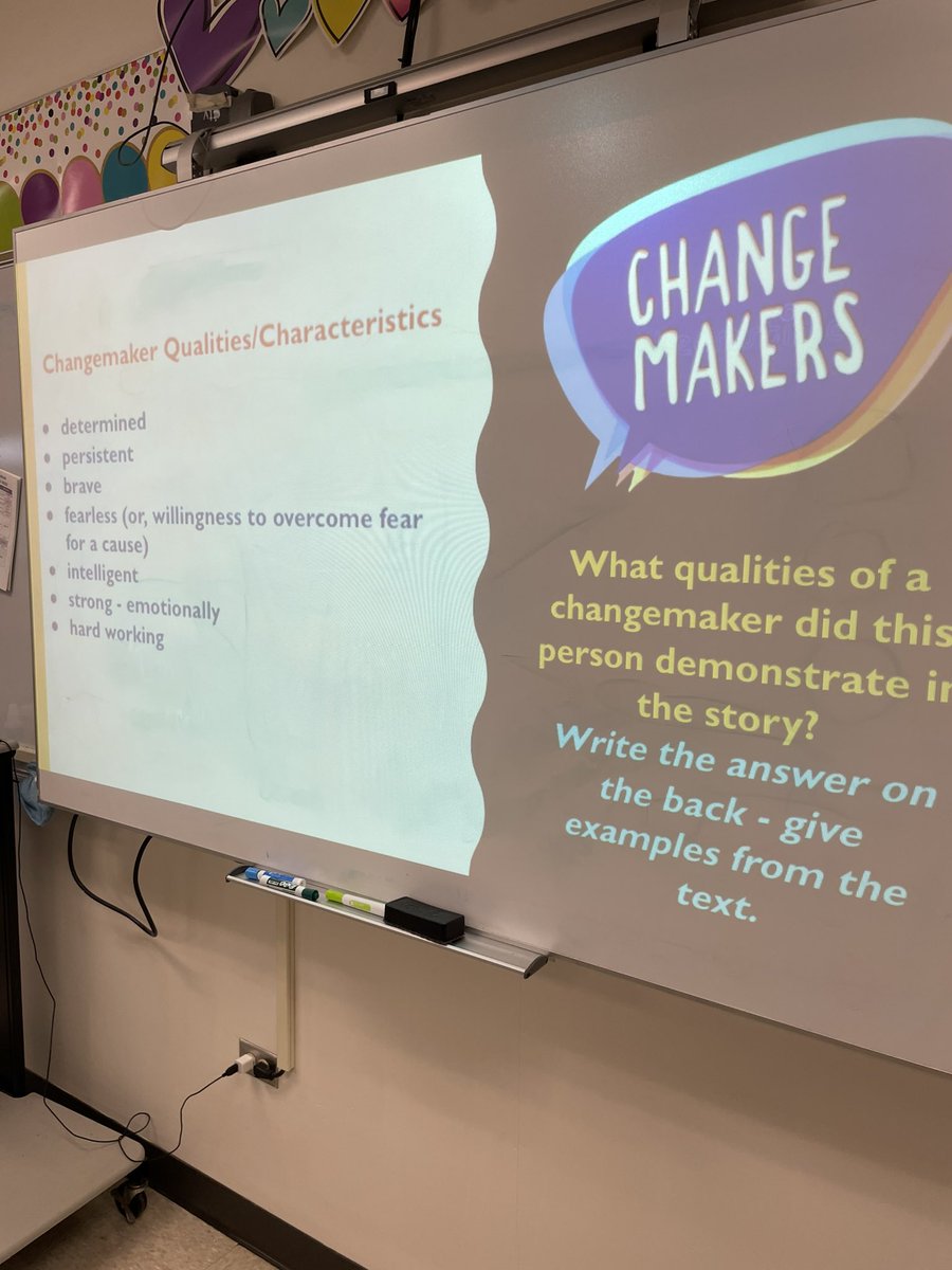 LJohnsonELA's tweet photo. Learning about changemakers through picture books in 7th grade #AIMES today. What qualities and characteristics do they have? Getting ready for our change maker research project! @FreedomD100 #d100inspires https://t.co/yMS9b5IzDv