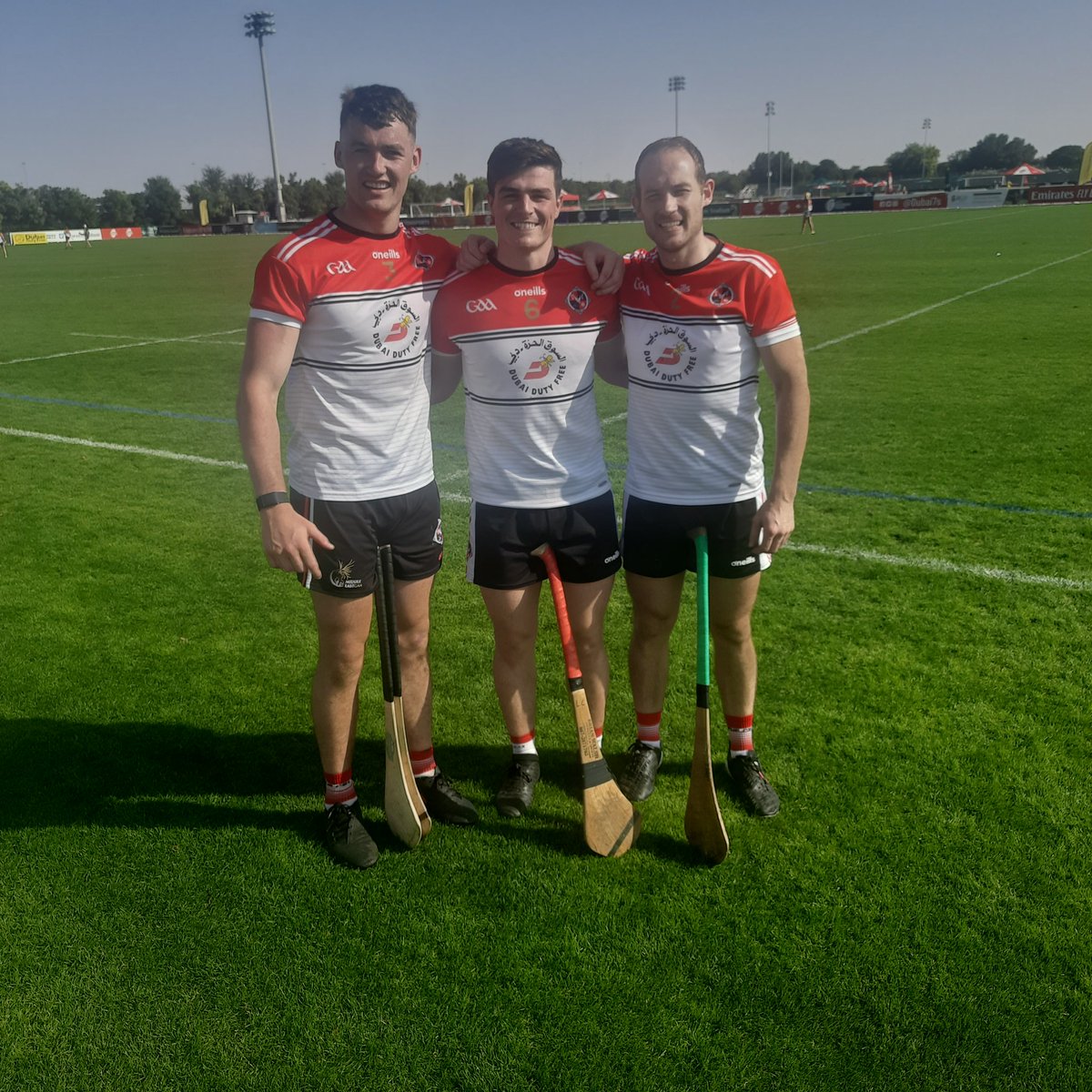 Ruairí Tubrid of Fethard,Cormac Byrne of Faythe Harriers &amp; Colin Leacy of Ferns st Aidans pictured after they helped their team Dubai Celts to an extra time win over Jumeirah Gaels in a cracking game in the semi final of Rd3 of the Middle East Senior Hurling League last Saturday