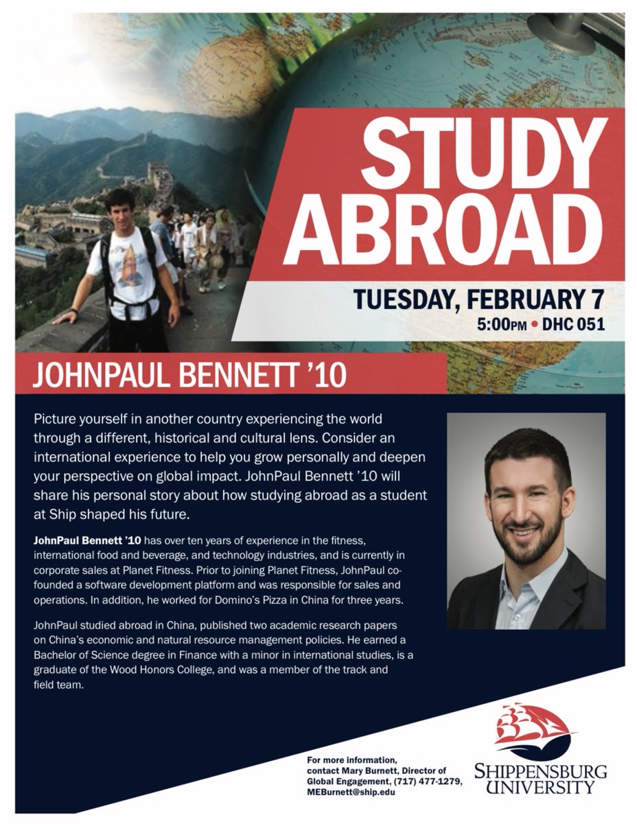 Students! Have you ever considered studying abroad? Come learn about what it is like to study abroad and listen to Johnpaul Bennett share his experience on Tuesday, February 7 at 5pm in DHC 051! See you there!