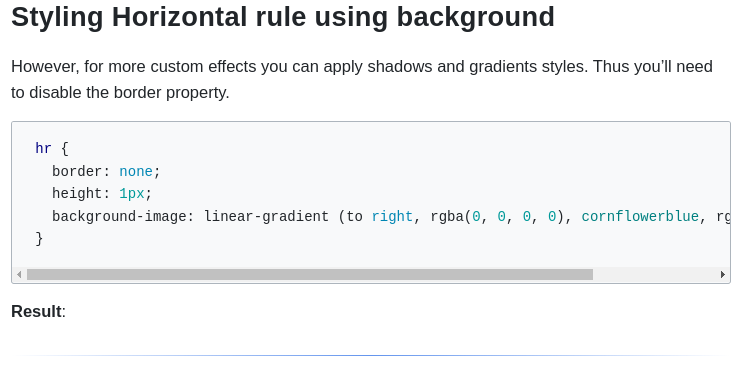 mfurquimdev's tweet photo. Não consegui fazer o gradiente funcionar =/

hr {
  border: none;
  height: 1px;
  background-image: linear-gradient (to right, rgba(0, 0, 0, 0), cornflowerblue, rgba(0, 0, 0, 0));
} https://t.co/lmjGXDK4j0