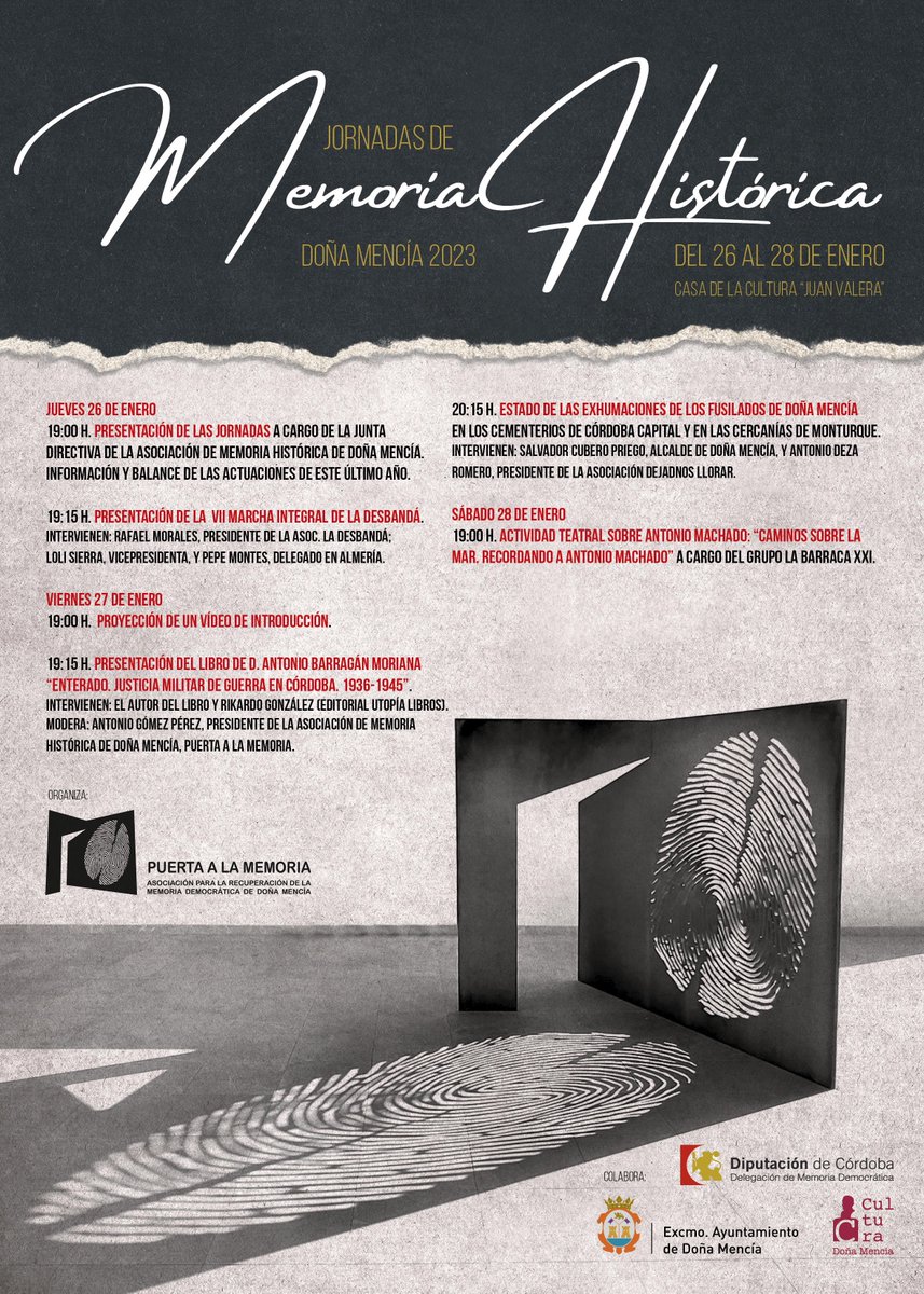 PuertaMemoria's tweet photo. Jornadas de Memoria Histórica. Doña Mencía, 26, 27 y 28 de enero en la Casa de la Cultura. https://t.co/inC9a3akOp