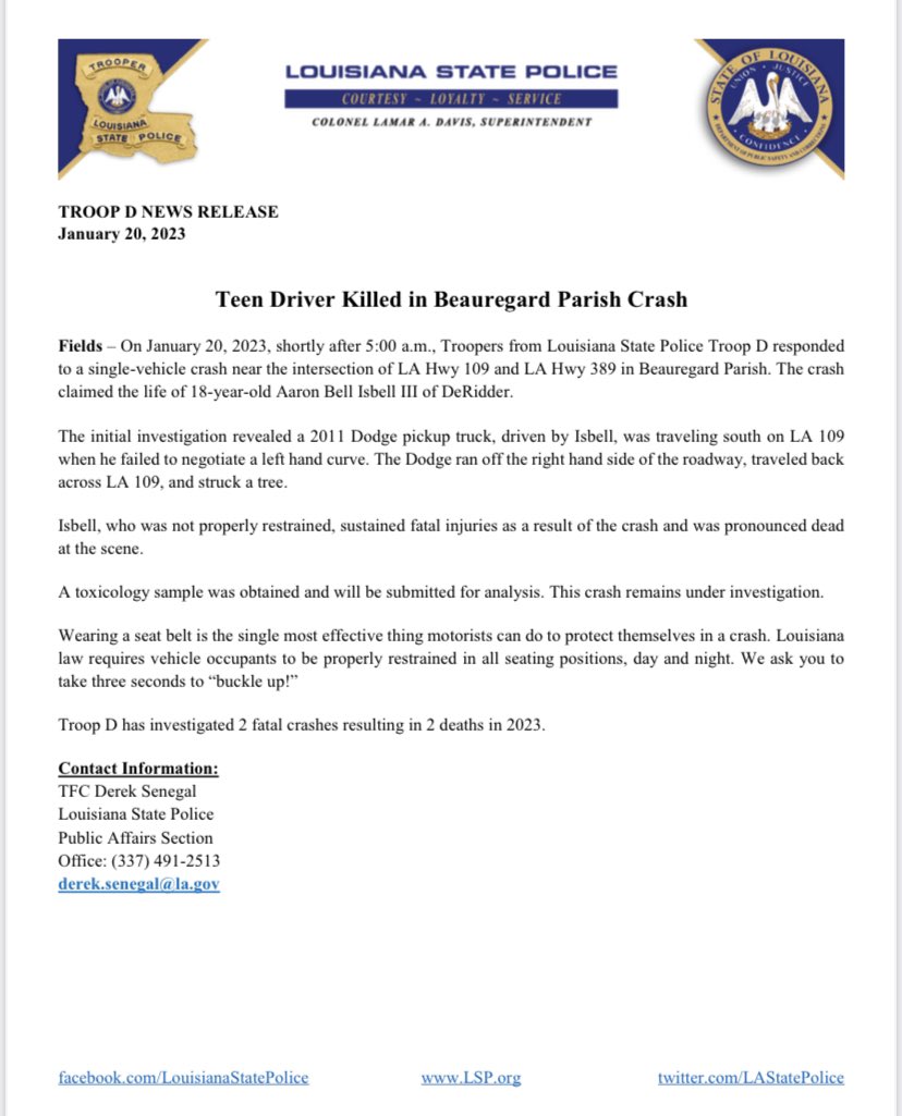 LA State Police on Twitter "TROOP D NEWS RELEASE January 20, 2023 Teen