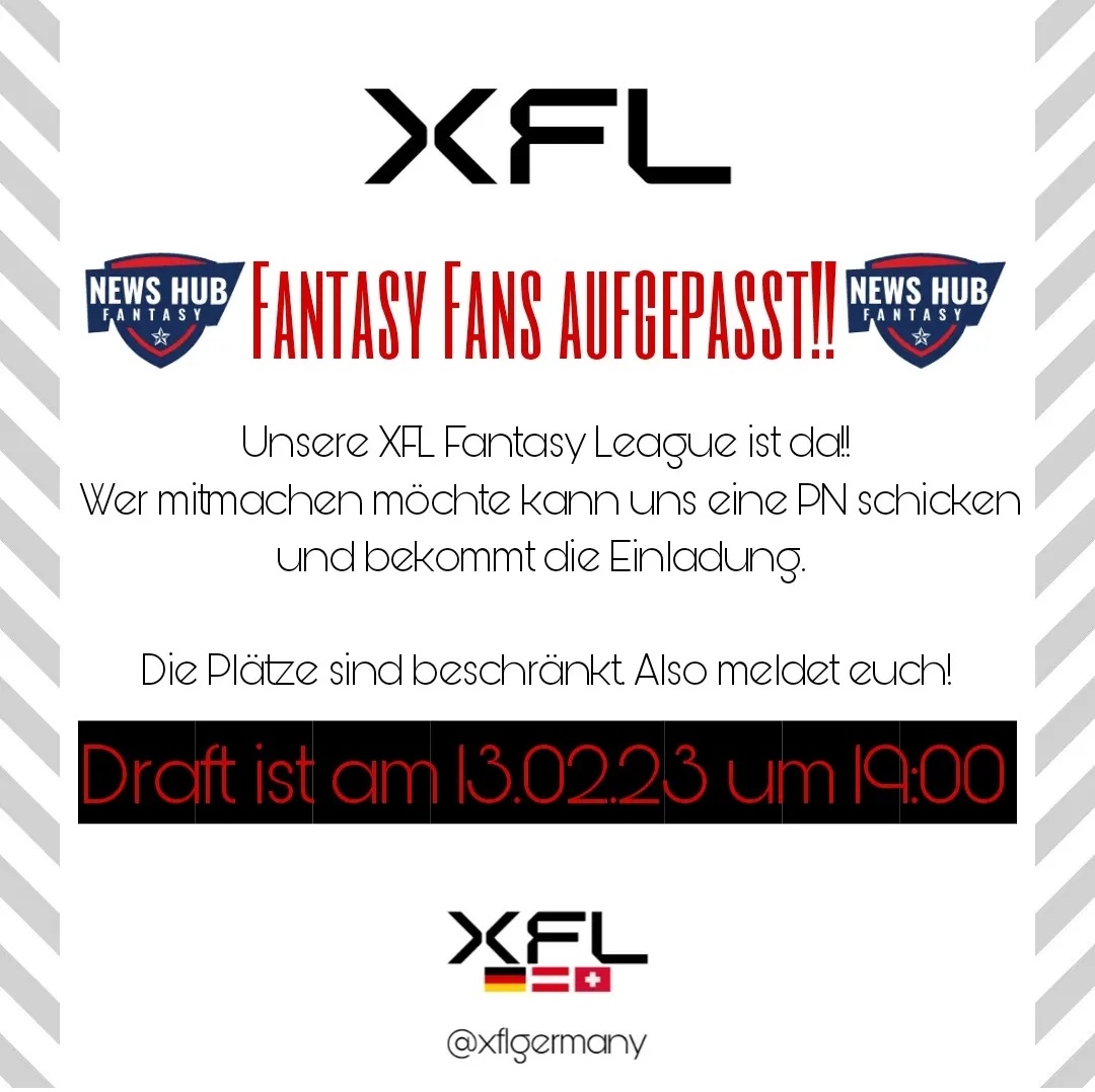 XFLGermany's tweet photo. It's Fantasy Time. Meldet euch fรผr die XFLGermany Fantasy Liga. Wir draften am 13.02.23. Wer Bock hat, meldet euch mit einer Nachricht.
#ranNFL https://t.co/jcVwsbmHrA